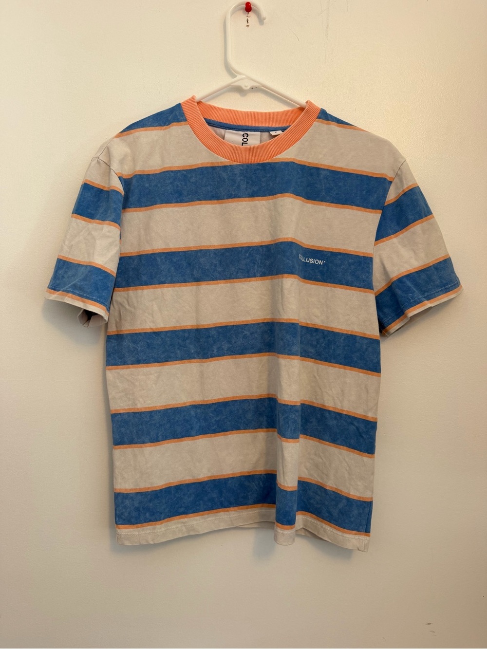COLLUSION Striped Short Sleeve T-Shirt White Blue Peach Size XL US 10 / UK 1